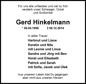 Traueranzeige von Gerd Hinkelmann von Nordwest Zeitung